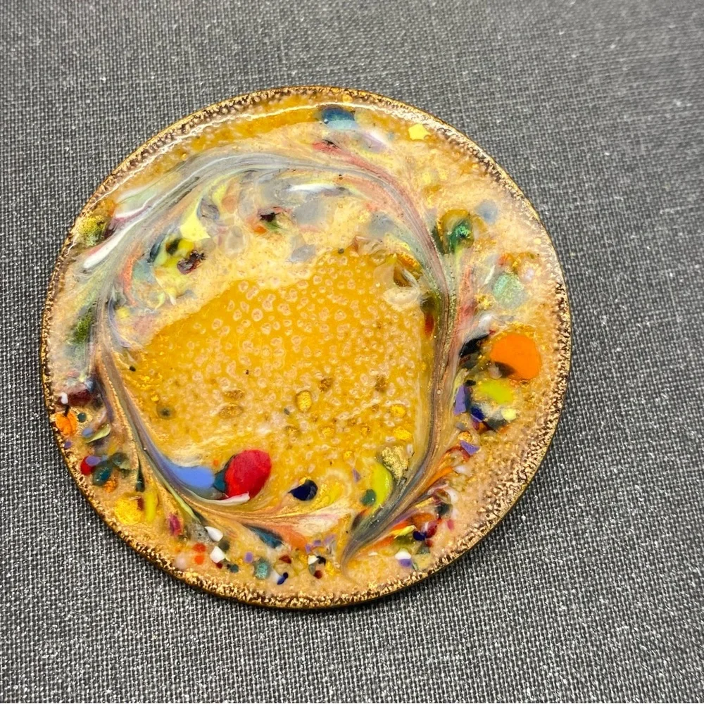 Mid Century Modern Glass Abstract Copper Back Multicolored Brooches Set of 2